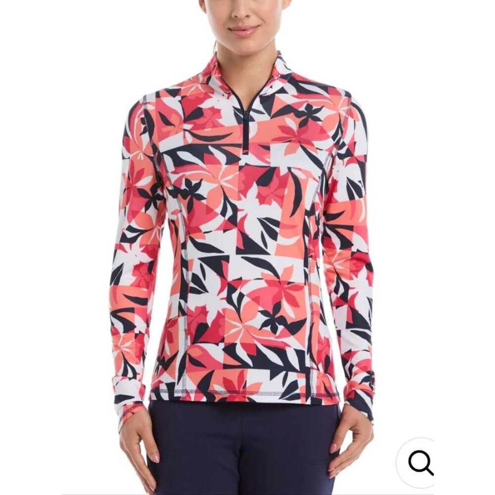 Callaway Quarter Zip Tropical Floral Print Orange Red Navy White Golf Top, L